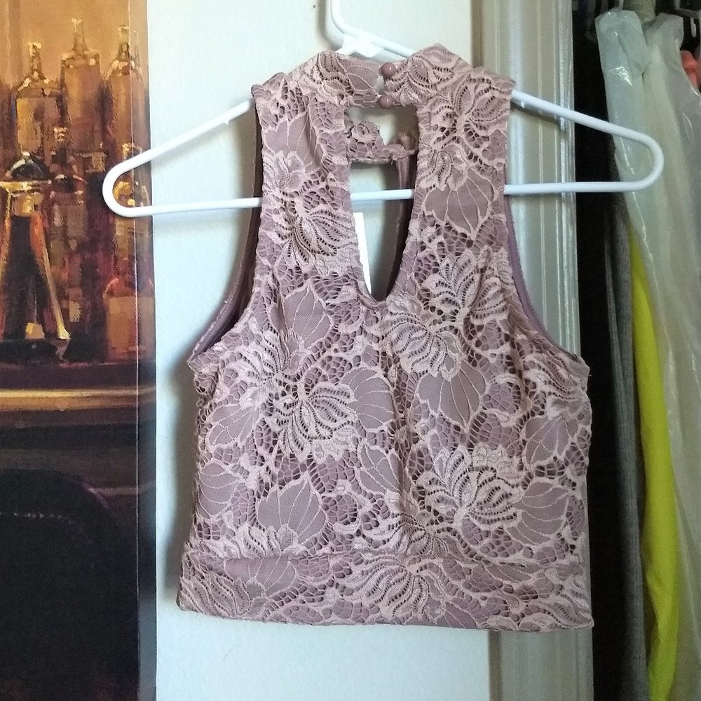 🌸 Blush Pink Floral Lace Crop Top Mock Neck